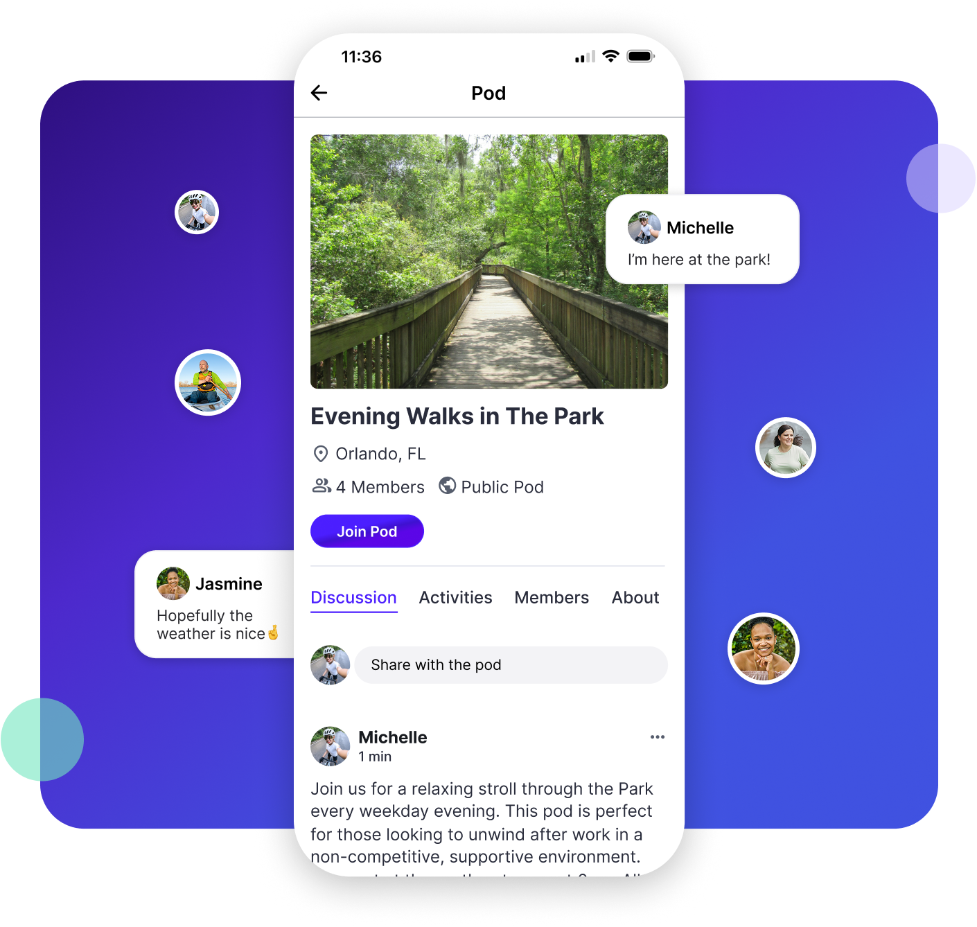 MoveSocial app showing a group discussion feed with messages from members planning a morning hike