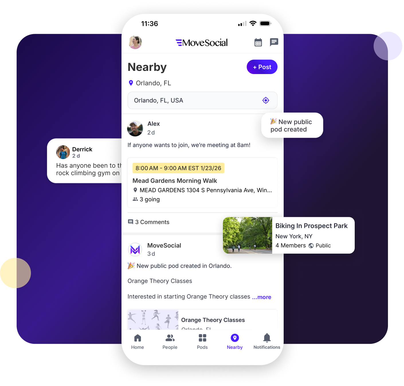 MoveSocial app showing nearby activities and public pods in Orlando, FL